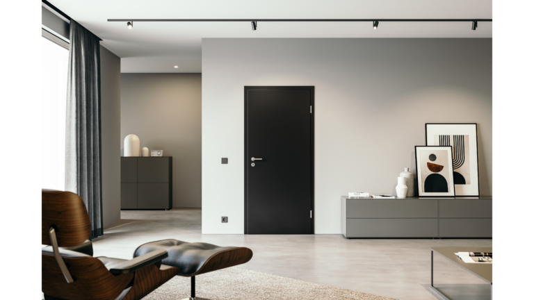 Modernes Wohnzimmer mit schwarzer Tür, minimalistischer Dekoration und grauen Möbeln